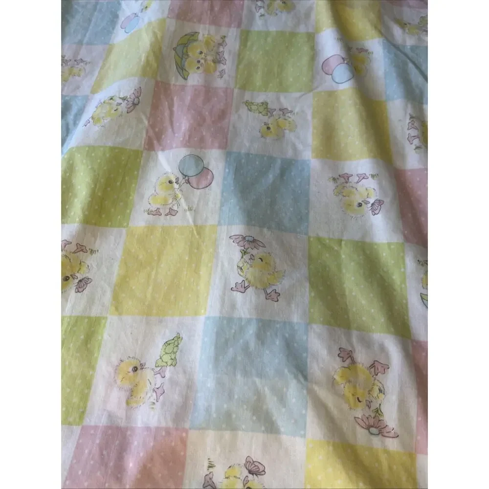 Vtg 70s Crib Sheet Yellow Bear Chick LionsBears Baby Retro Kitschy 2 Pcs Fabric